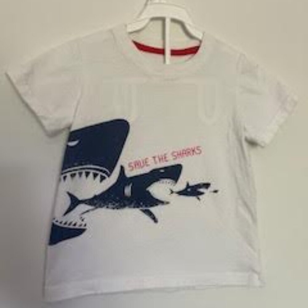 Shark Print Boys' T-Shirt – White – Size 5 – 100% Cotton